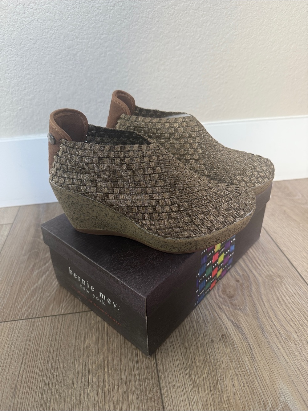 bernie mev. Bronze Woven Wedge Slip-On Booties